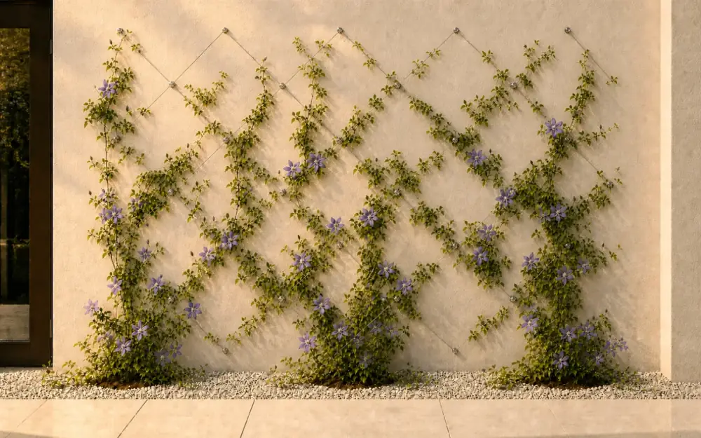 Three flowering clematis plants trained across an Acemaker stainless-steel diamond wire trellis