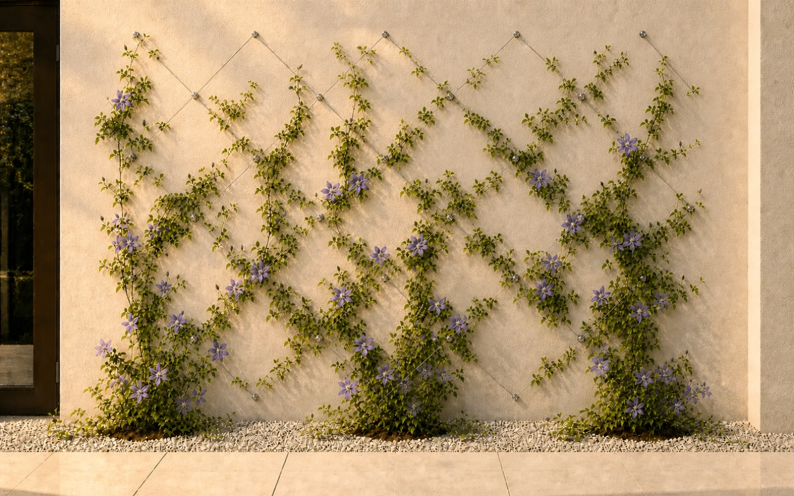 Three flowering clematis plants trained across an Acemaker stainless-steel diamond wire trellis