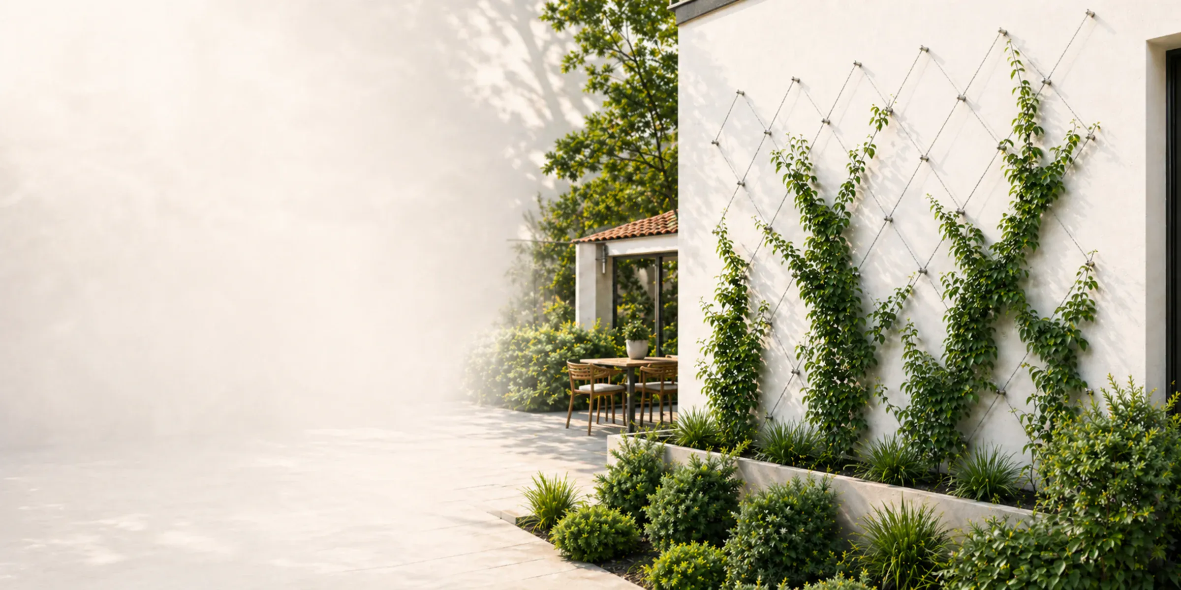 Acemaker stainless-steel wire trellis supporting climbing plants on a modern garden wall