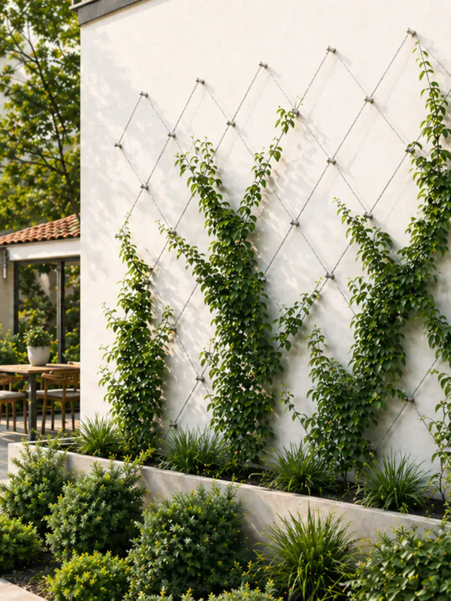 Acemaker stainless-steel wire trellis supporting climbing plants on a modern garden wall